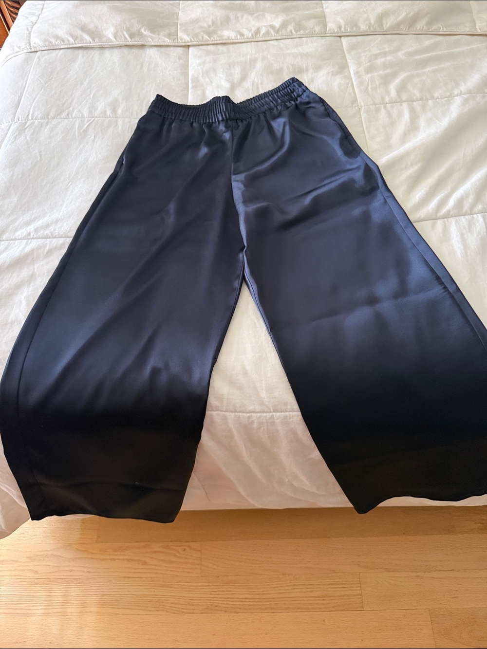 Zara Navy Satin Wide-Leg Elastic Waist Pants